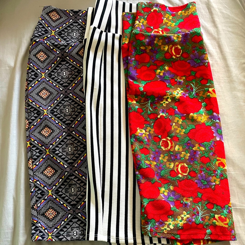 LulaRoe “Cassie” skirts in size LG. The grey pattern was worn once. Others-not